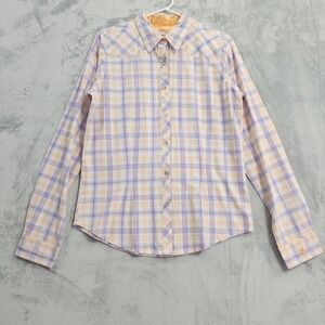 Twenty X Top Women M Purple Orange Plaid Pearl Snap Long Sleeve Western Tailored